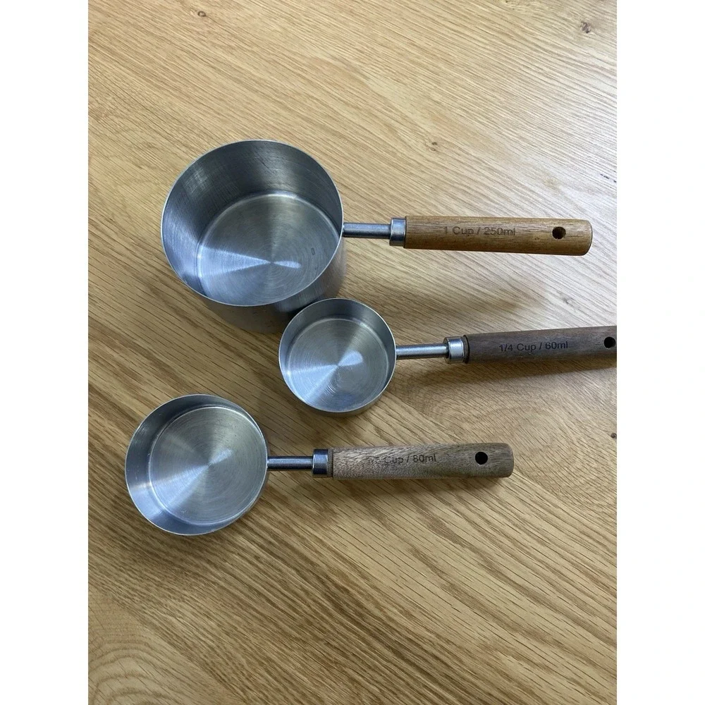 Set of 7 Stainless Steel & Wood Measuring Cups Nesting